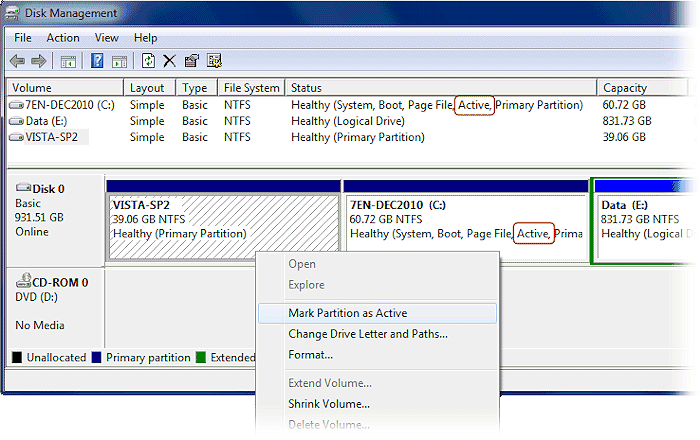 Change active partition screenshot
