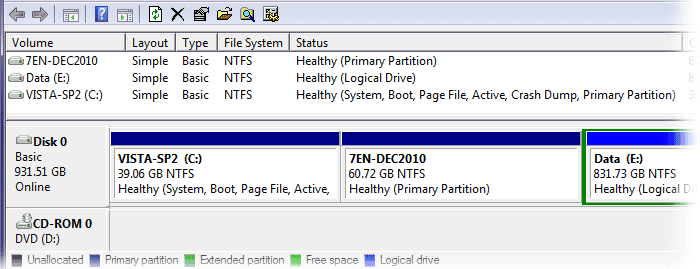 screenshot of Vistas disk management