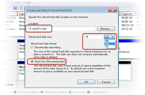 Disk Management settings box
